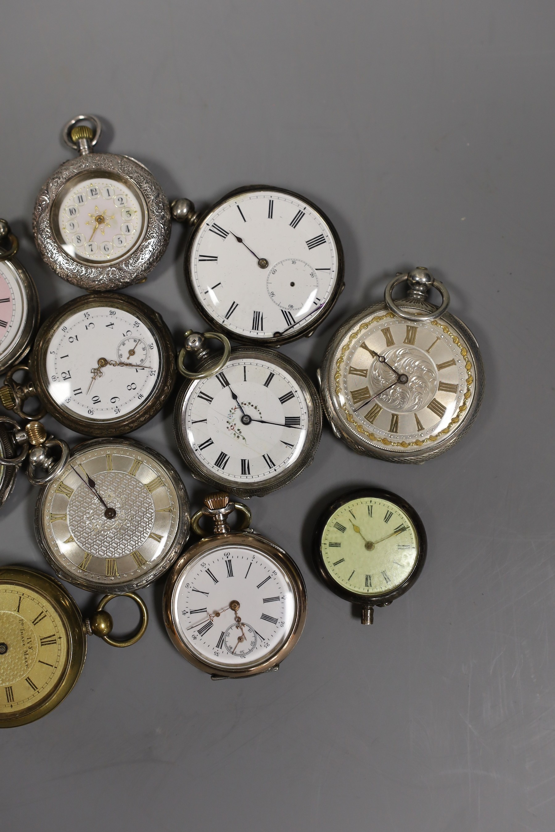 A collection of twenty five assorted mainly silver or white metal cased fob watches including Swiss, three gilt metal and one mother of pearl